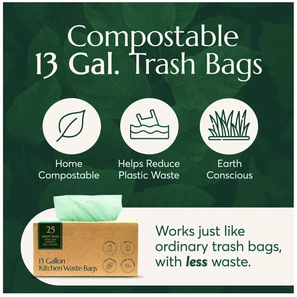 Cleanomic Compostable* Trash Bags (13 Gallon, 25 Units, Tall), B Extra Strength